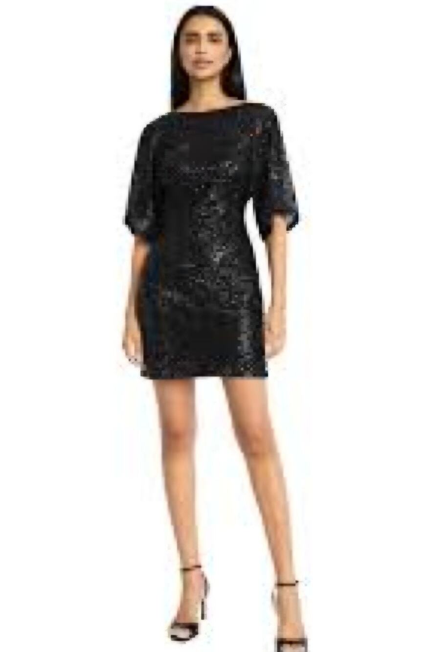 US / 8 Donna Morgan Black Sequin Sheath Dress Boat Neck Open Back D9621M